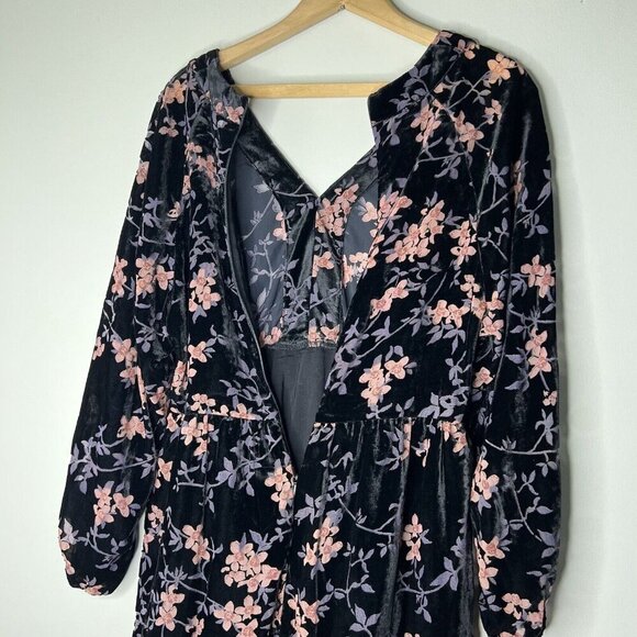 Another Love Velvet Floral Mini Dress Sz S Black Pink balloon sleeves - Picture 11 of 12